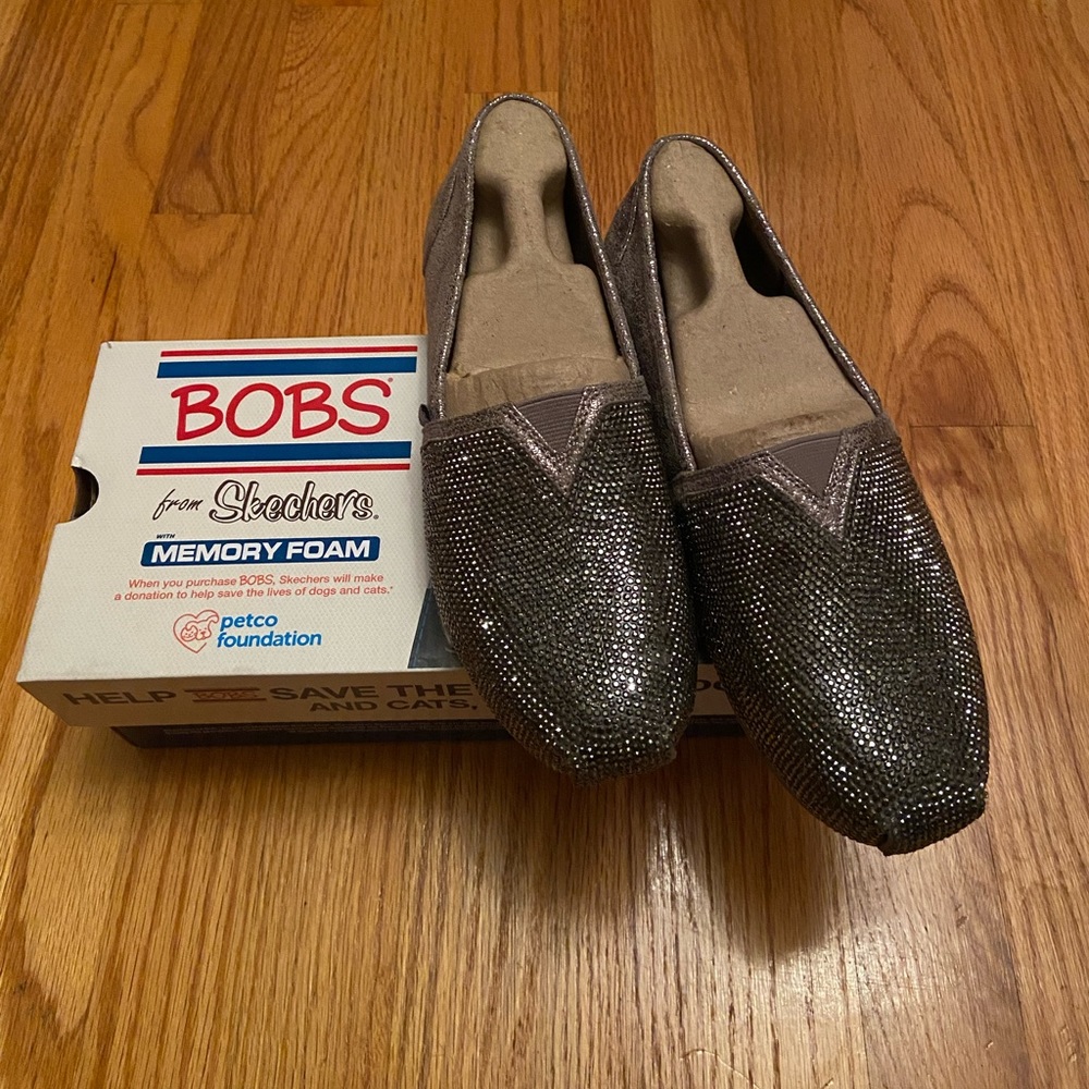 Skechers Bobs pewter slip ons brand new